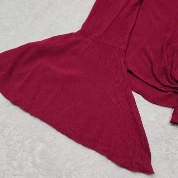 Red Flare Sleeve Crop Top ✦ Windsor Tie-Front Textured Boho Style ✦ Made in USA - Picture 10 of 13